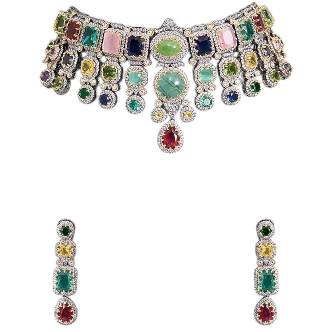 Multicolor Kundan Polki Choker Necklace Set with Matching Earrings for Women - Auraa Trends