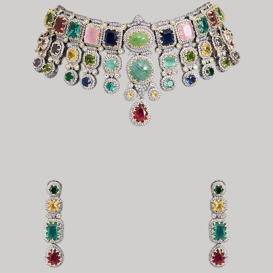 Multicolor Kundan Polki Choker Necklace Set with Matching Earrings for Women - Auraa Trends - Necklace Set - - Auraa Trends - "Model wearing multicolor kundan polki choker necklace set with matching earrings - Traditional Indian bridal jewelry"