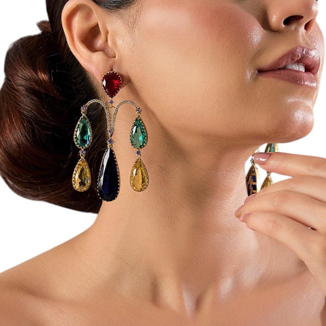 Multicolor Teardrop Dangler Earrings - Auraa Trends - Earrings - - Auraa Trends - "Colorful chandelier earrings for women featuring multicolored teardrop stones with gold - tone setting – fashion statement jewelry for parties and weddings."