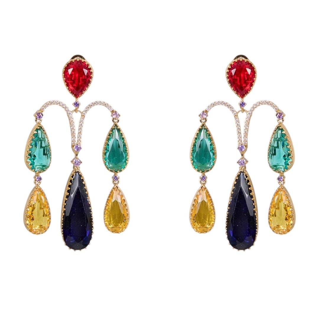 Multicolor Teardrop Dangler Earrings - Auraa Trends - Earrings - - Auraa Trends - "Colorful chandelier earrings for women featuring multicolored teardrop stones with gold - tone setting – fashion statement jewelry for parties and weddings."