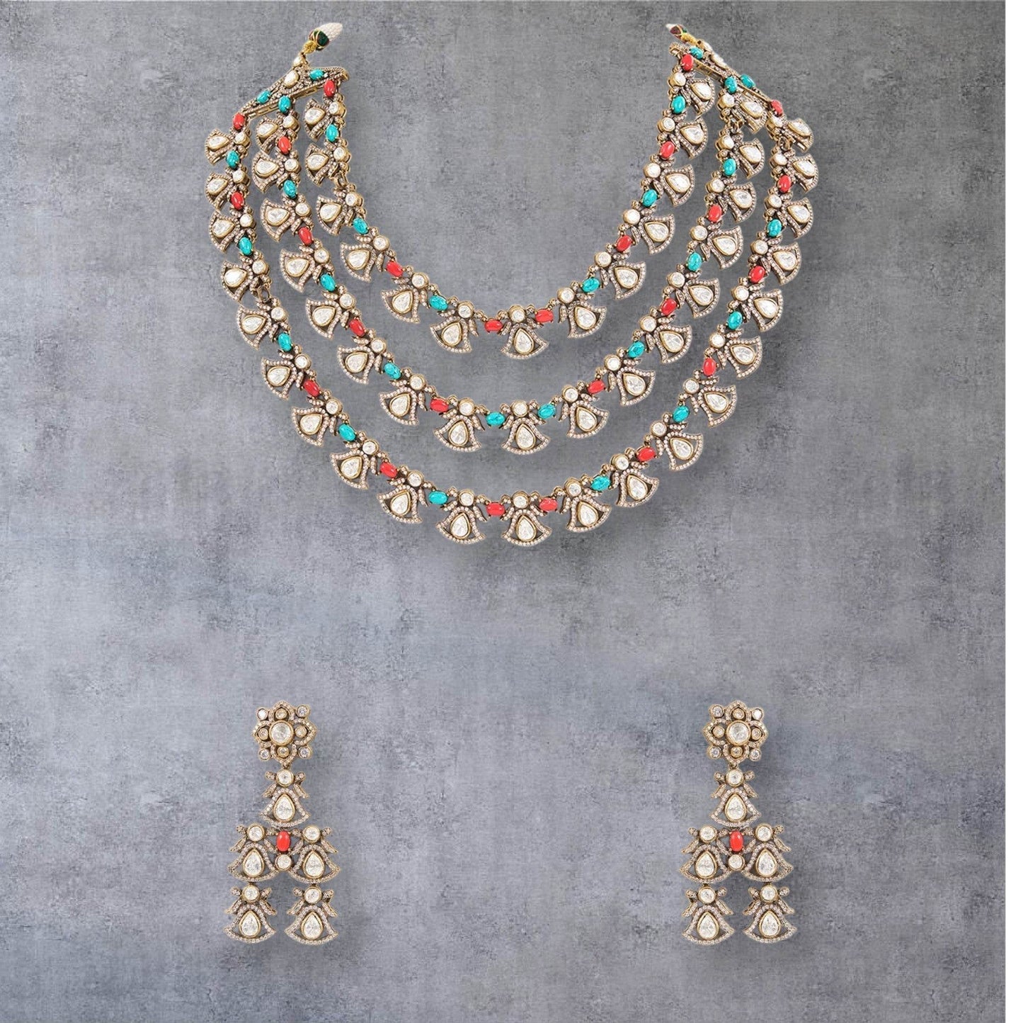 Multicoloured Heritage Polki Layered Necklace Set - Auraa Trends