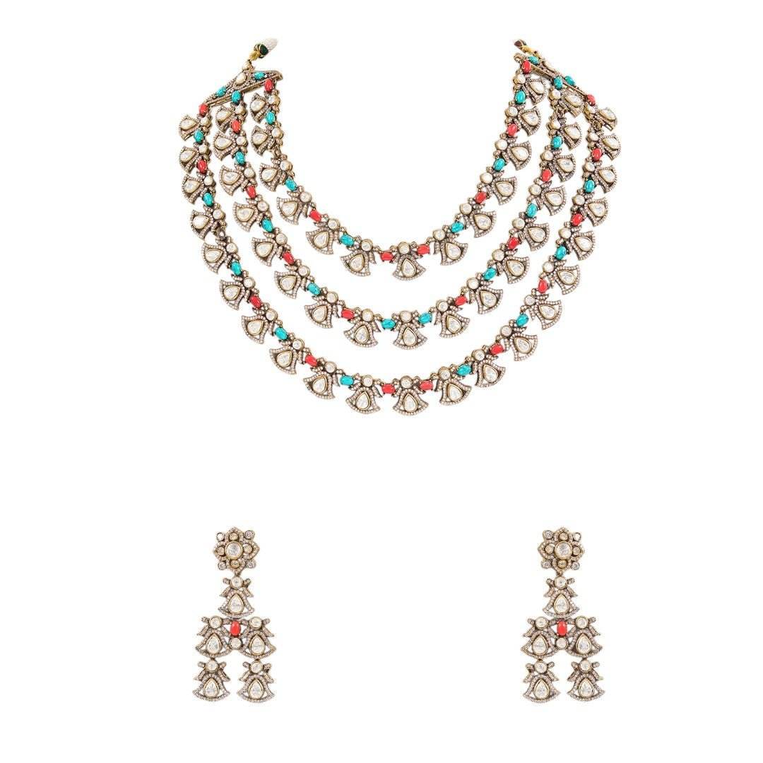 Multicoloured Heritage Polki Layered Necklace Set - Auraa Trends