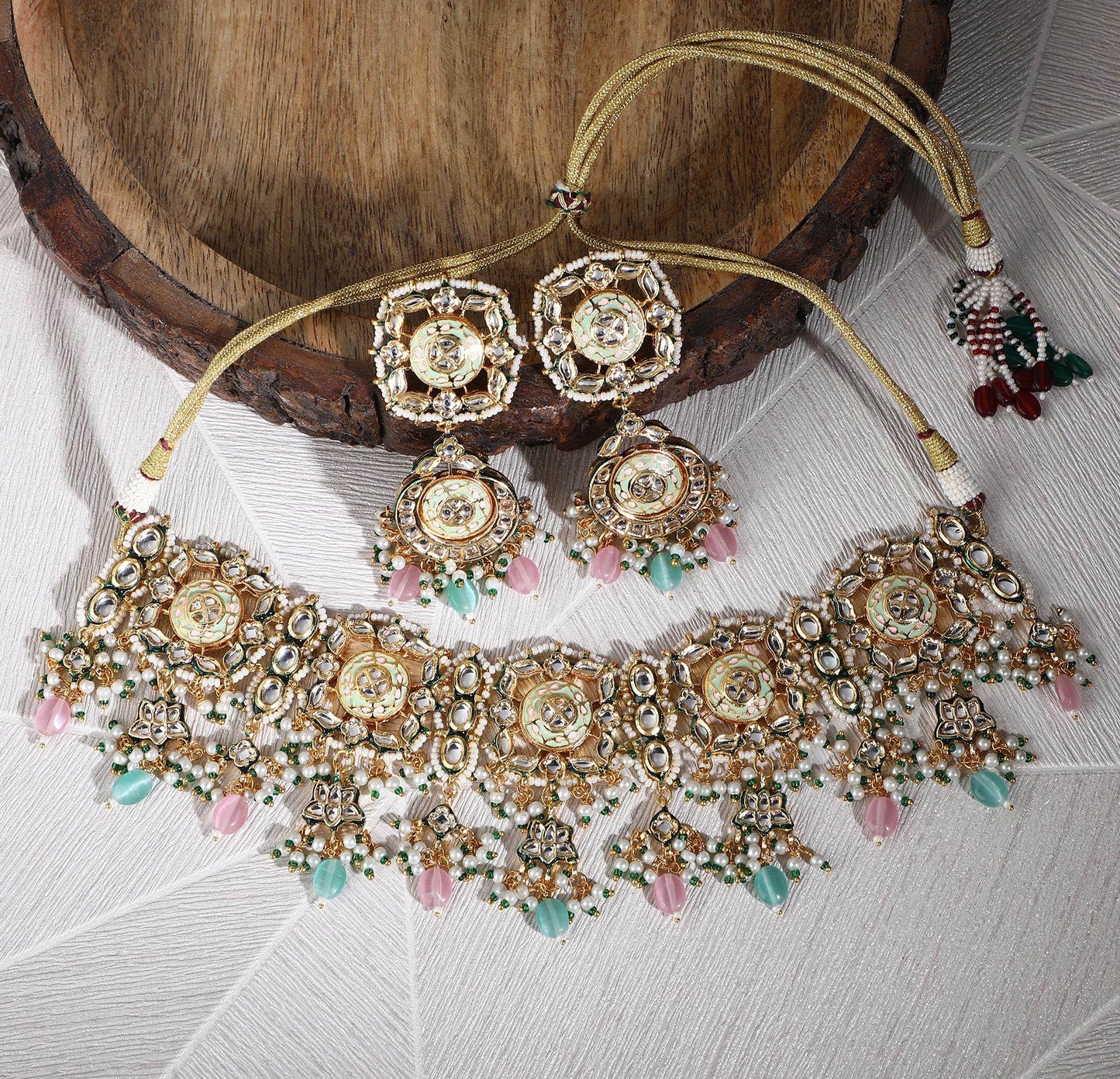 Necklace Set Radiant 22KT Gold Plated Kundan Pink - Auraa Trends