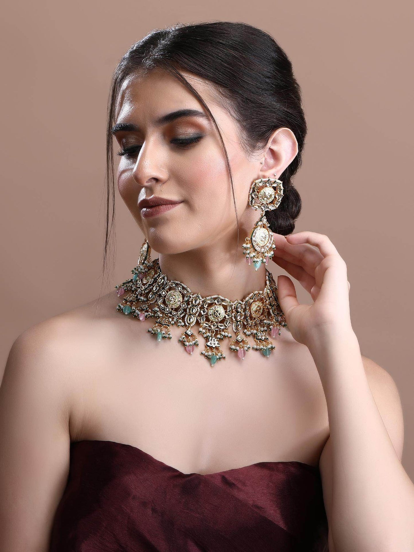 Necklace Set Radiant 22KT Gold Plated Kundan Pink - Auraa Trends