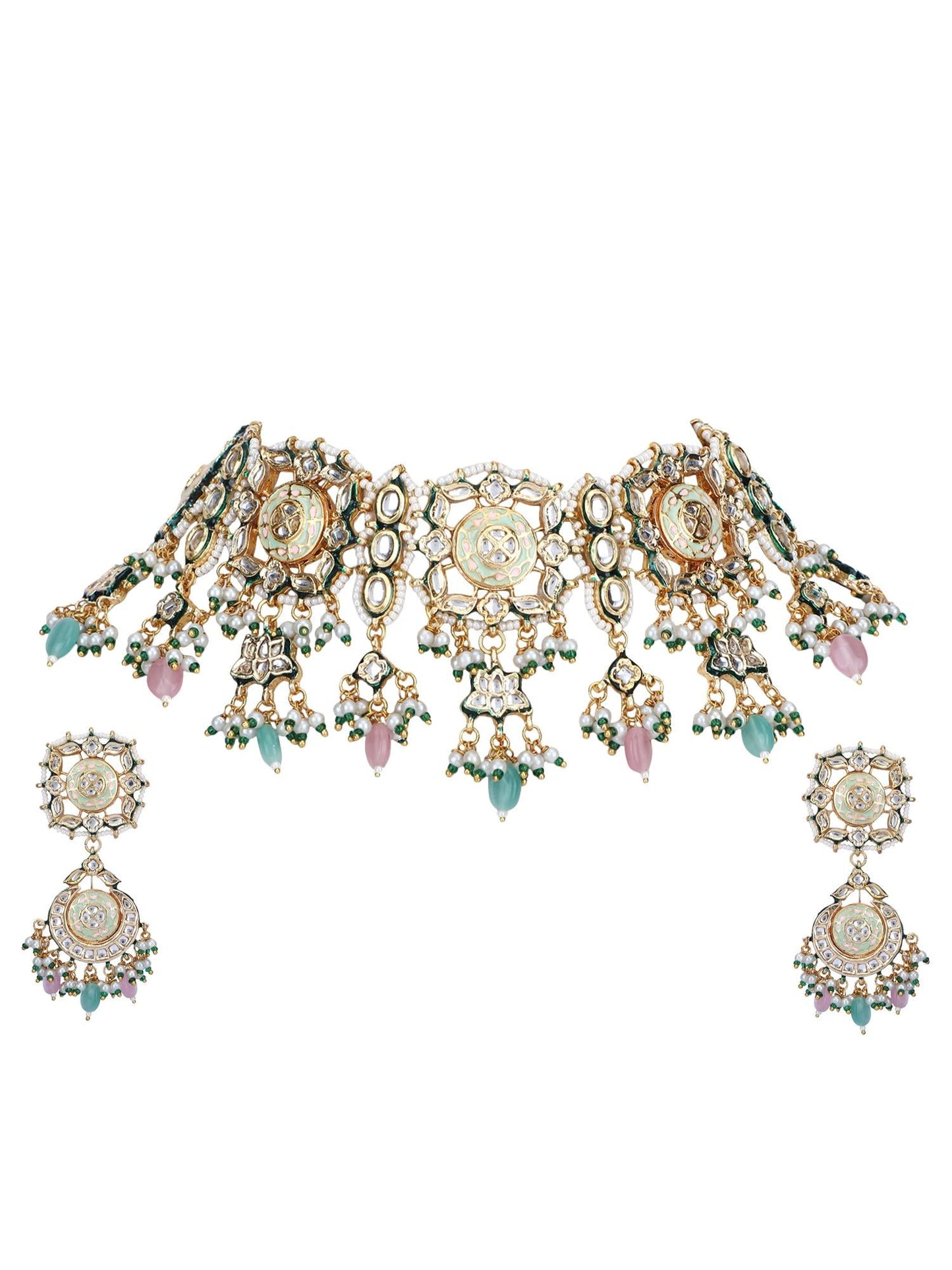 Necklace Set Radiant 22KT Gold Plated Kundan Pink - Auraa Trends - Necklaces - 22KT Gold Plated Kundan Pink Necklace Set