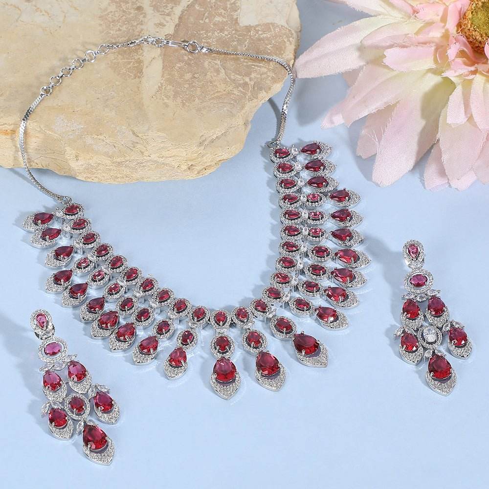 Necklace With Earrings Set For Woman Color Red Silver - Auraa Trends