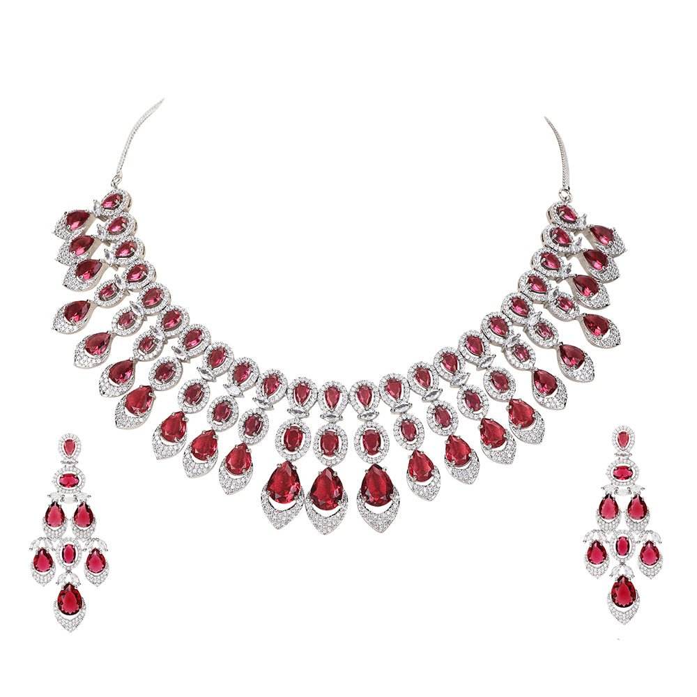 Necklace With Earrings Set For Woman Color Red Silver - Auraa Trends