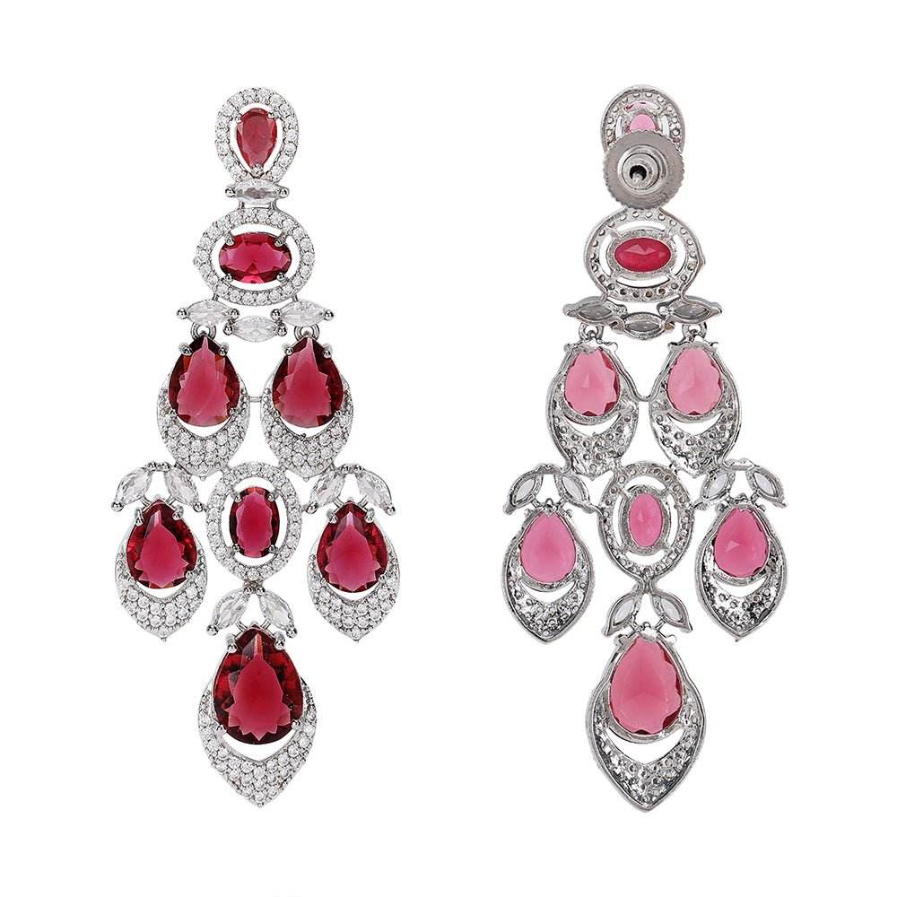 Necklace With Earrings Set For Woman Color Red Silver - Auraa Trends