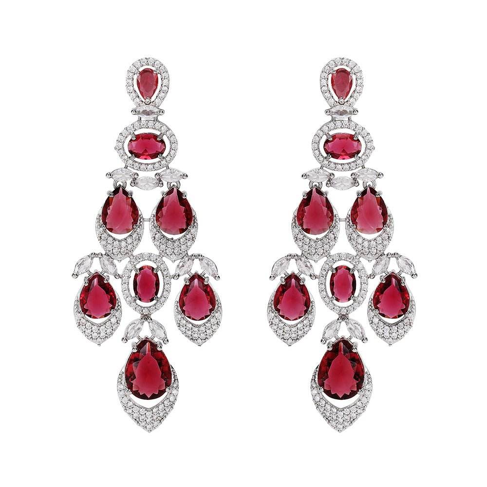 Necklace With Earrings Set For Woman Color Red Silver - Auraa Trends
