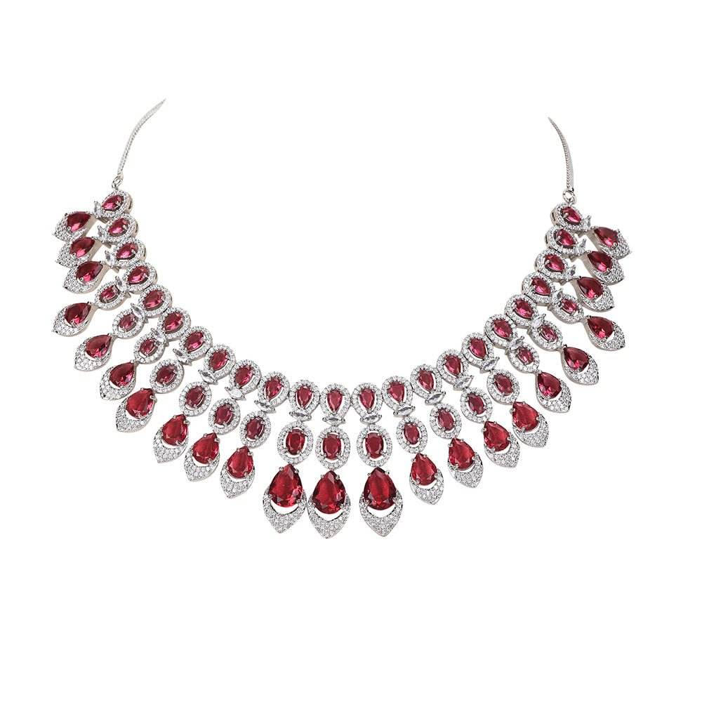 Necklace With Earrings Set For Woman Color Red Silver - Auraa Trends