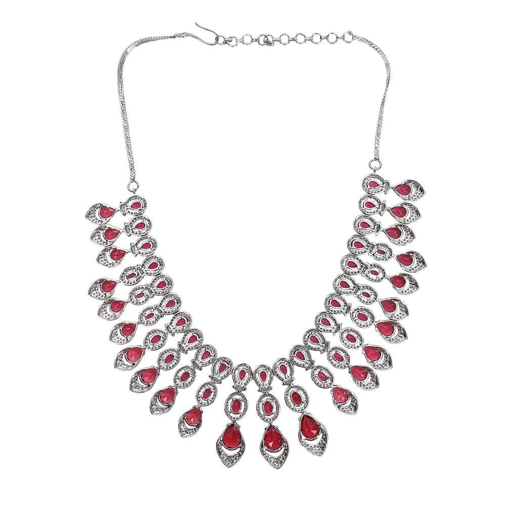Necklace With Earrings Set For Woman Color Red Silver - Auraa Trends