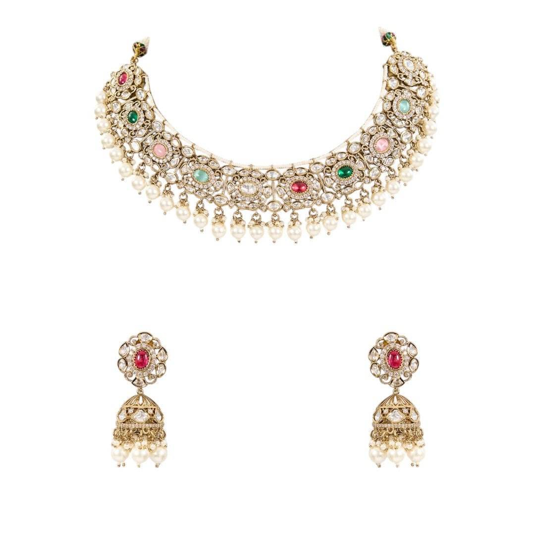 Neckpiece with Gradual Colors, Pearl Dangles, and Jhumka Ear Jewellery - Auraa Trends