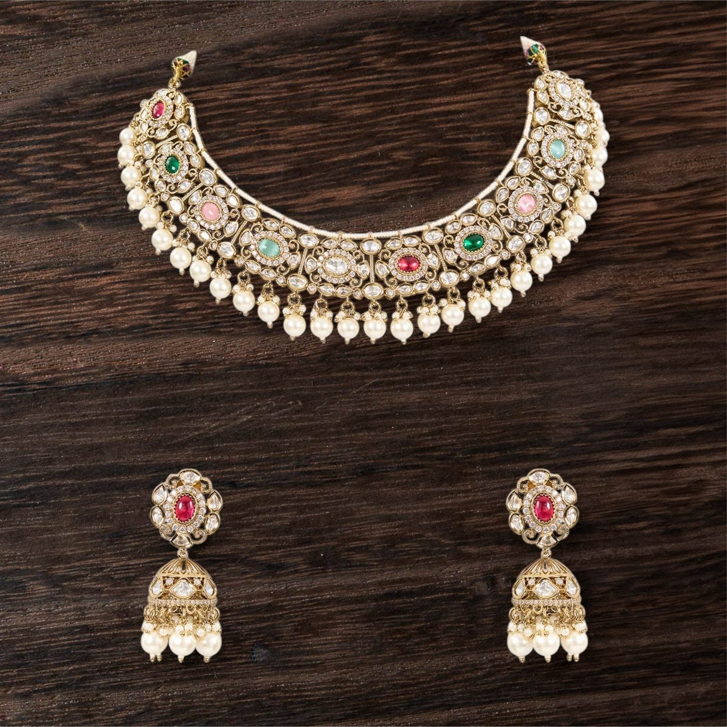 Neckpiece with Gradual Colors, Pearl Dangles, and Jhumka Ear Jewellery - Auraa Trends