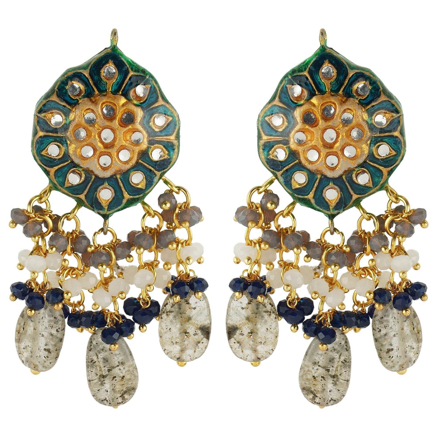 Noble Kundan Necklace Set with Grey and Green Semi Precious Stone - Auraa Trends