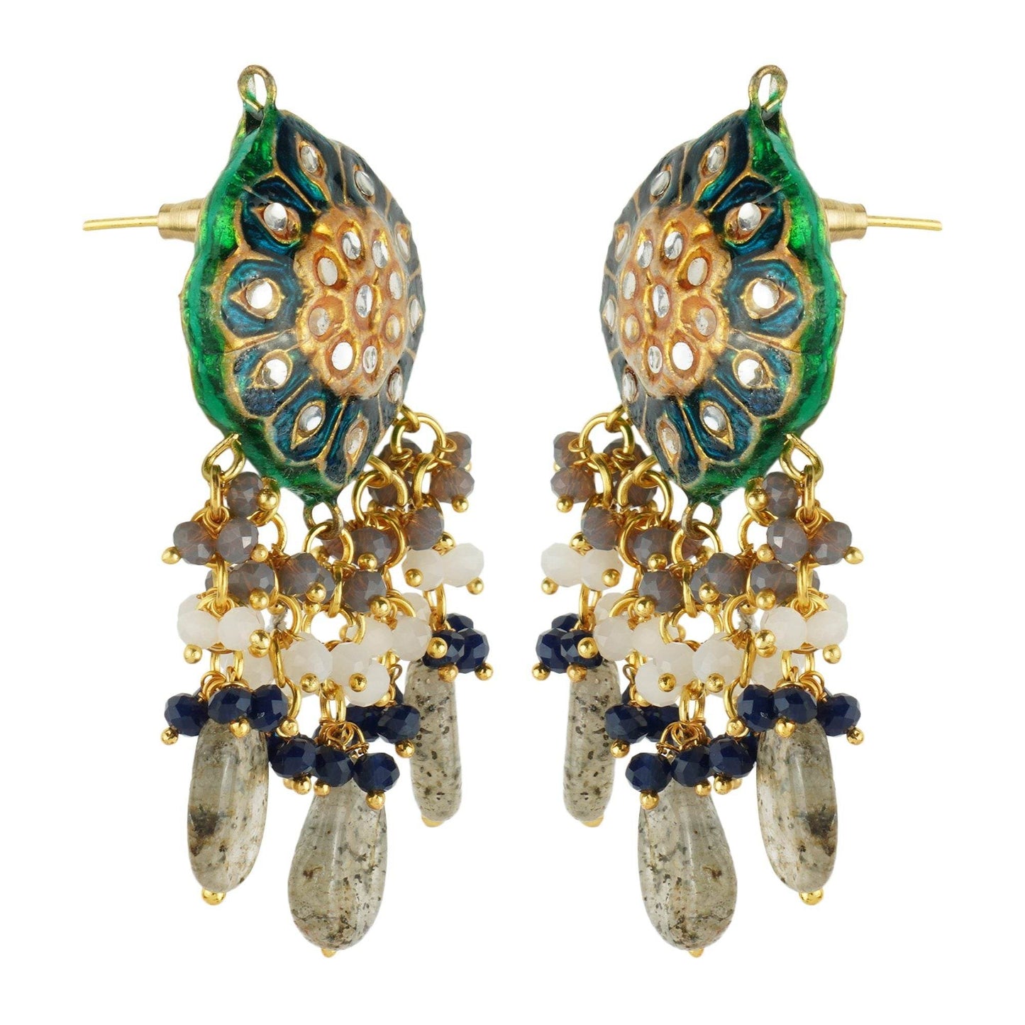 Noble Kundan Necklace Set with Grey and Green Semi Precious Stone - Auraa Trends