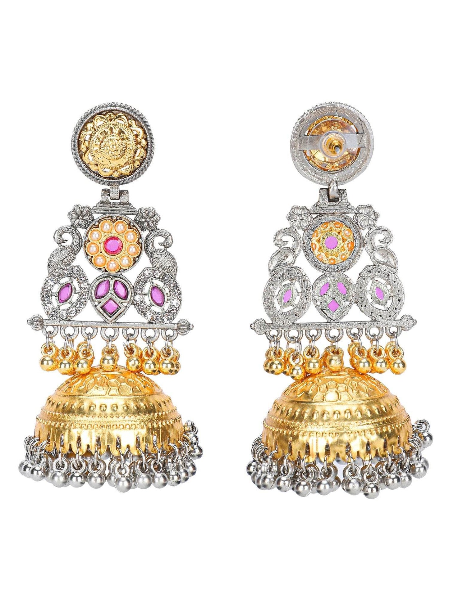 Old Gold & Silver-plated Temple Jhumka Drop Earrings with Kundan Engraving - Auraa Trends