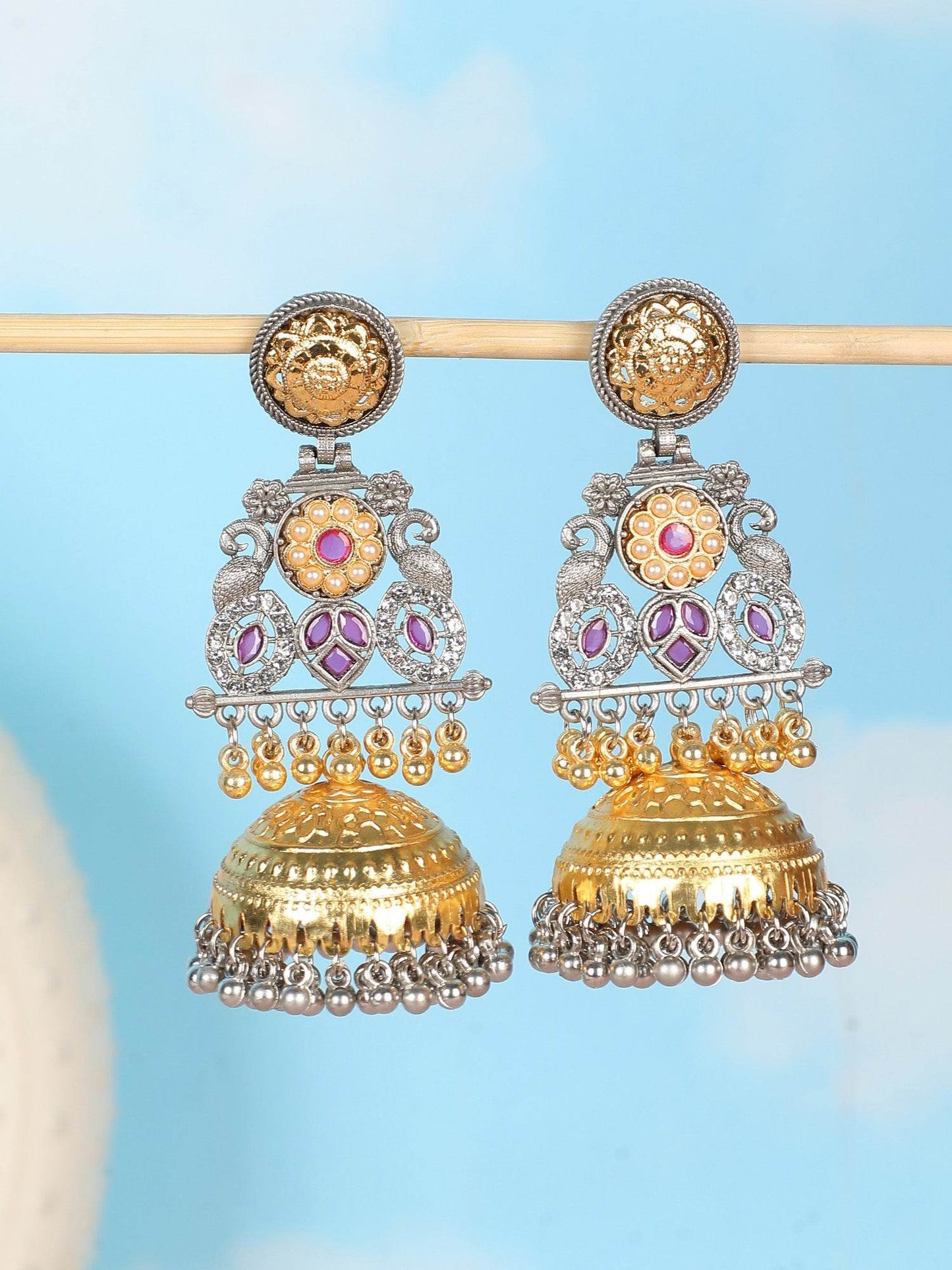 Old Gold & Silver-plated Temple Jhumka Drop Earrings with Kundan Engraving - Auraa Trends