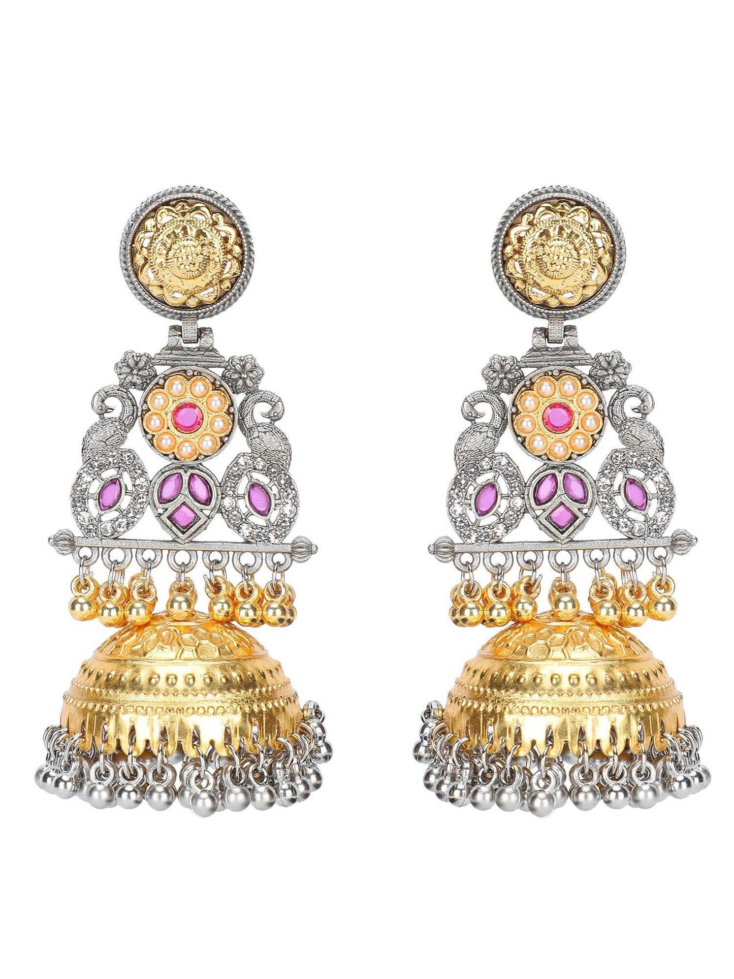 Old Gold & Silver-plated Temple Jhumka Drop Earrings with Kundan Engraving - Auraa Trends