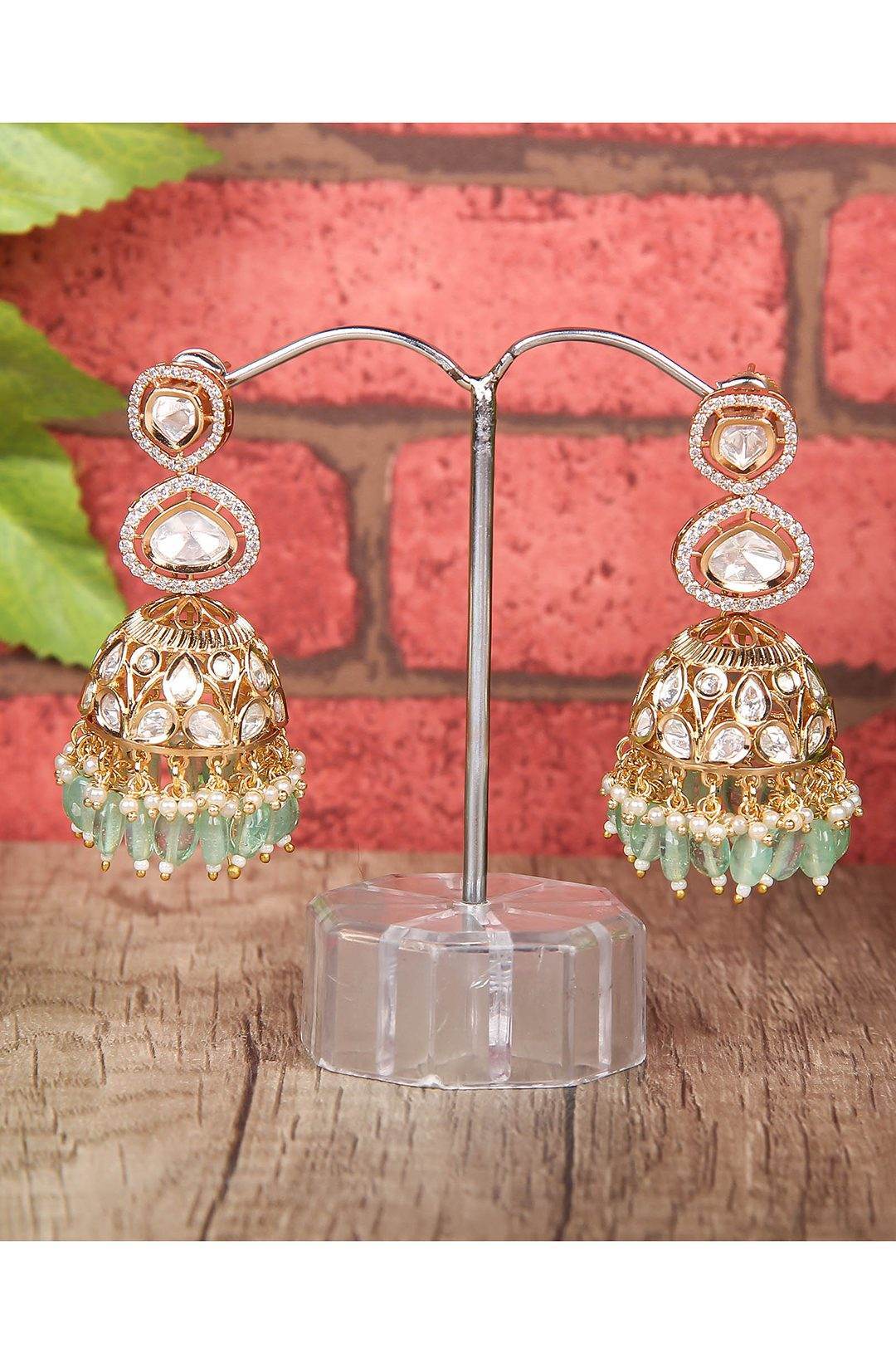 Ornate Gold Plated Kundan Jhumka Earrings - Auraa Trends