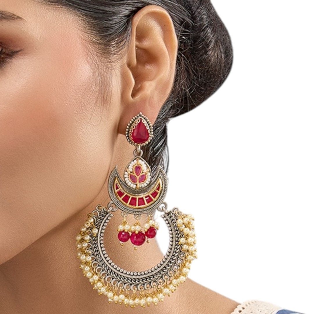 Oxidised Silver - Plated Pearl & Kundan Chandbali Earrings for Women - Auraa Trends - Earrings - - Auraa Trends - Traditional oxidised silver Chandbali earrings with red kundan stones, pearl drops, and intricate work