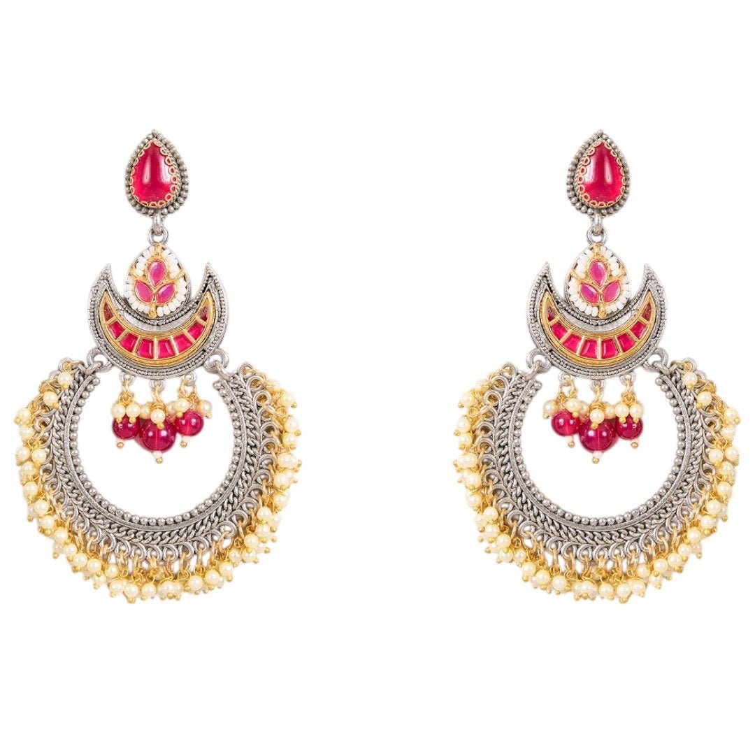 Oxidised Silver - Plated Pearl & Kundan Chandbali Earrings for Women - Auraa Trends - Earrings - - Auraa Trends - Traditional oxidised silver Chandbali earrings with red kundan stones, pearl drops, and intricate work