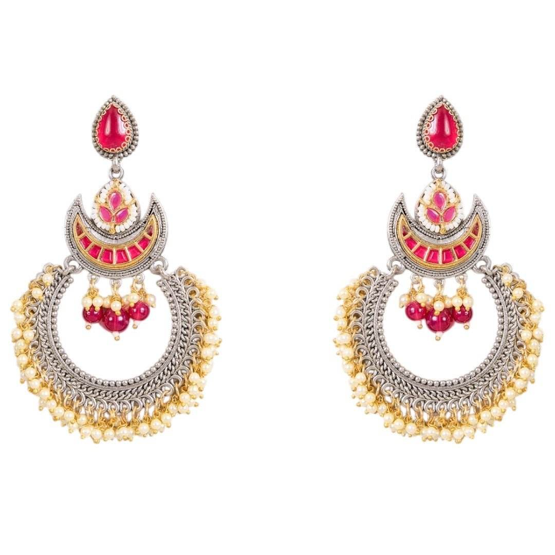 Oxidised Silver-Plated Pearl & Kundan Chandbali Earrings for Women - Auraa Trends