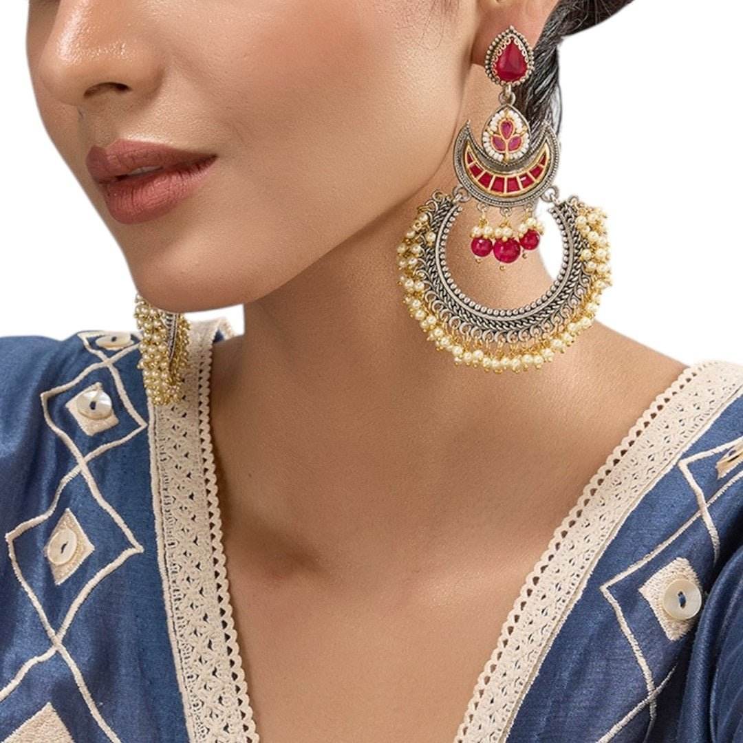 Oxidised Silver-Plated Pearl & Kundan Chandbali Earrings for Women - Auraa Trends