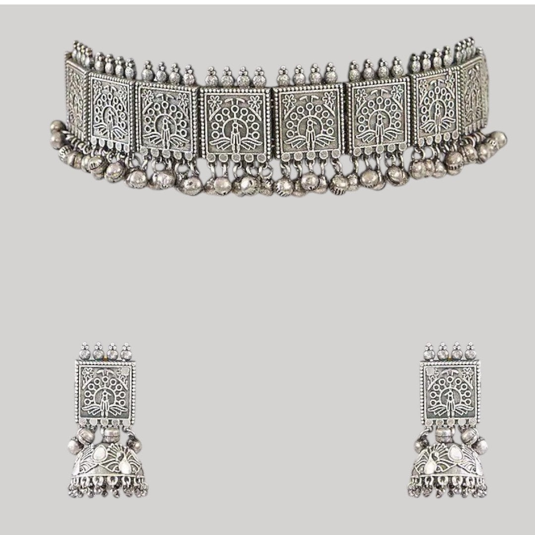 Oxidised Silver - Plated Temple Design Choker Necklace Set with Earrings for Women - Auraa Trends - Necklace Set - - Auraa Trends - "Oxidised silver temple design choker necklace with earrings set for women – ethnic Indian jewelry"