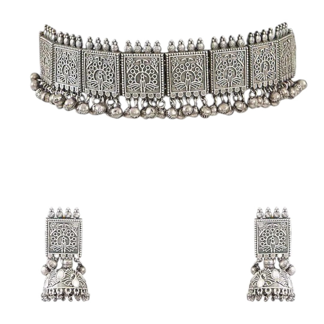 Oxidised Silver - Plated Temple Design Choker Necklace Set with Earrings for Women - Auraa Trends - Necklace Set - - Auraa Trends - "Oxidised silver temple design choker necklace with earrings set for women – ethnic Indian jewelry"