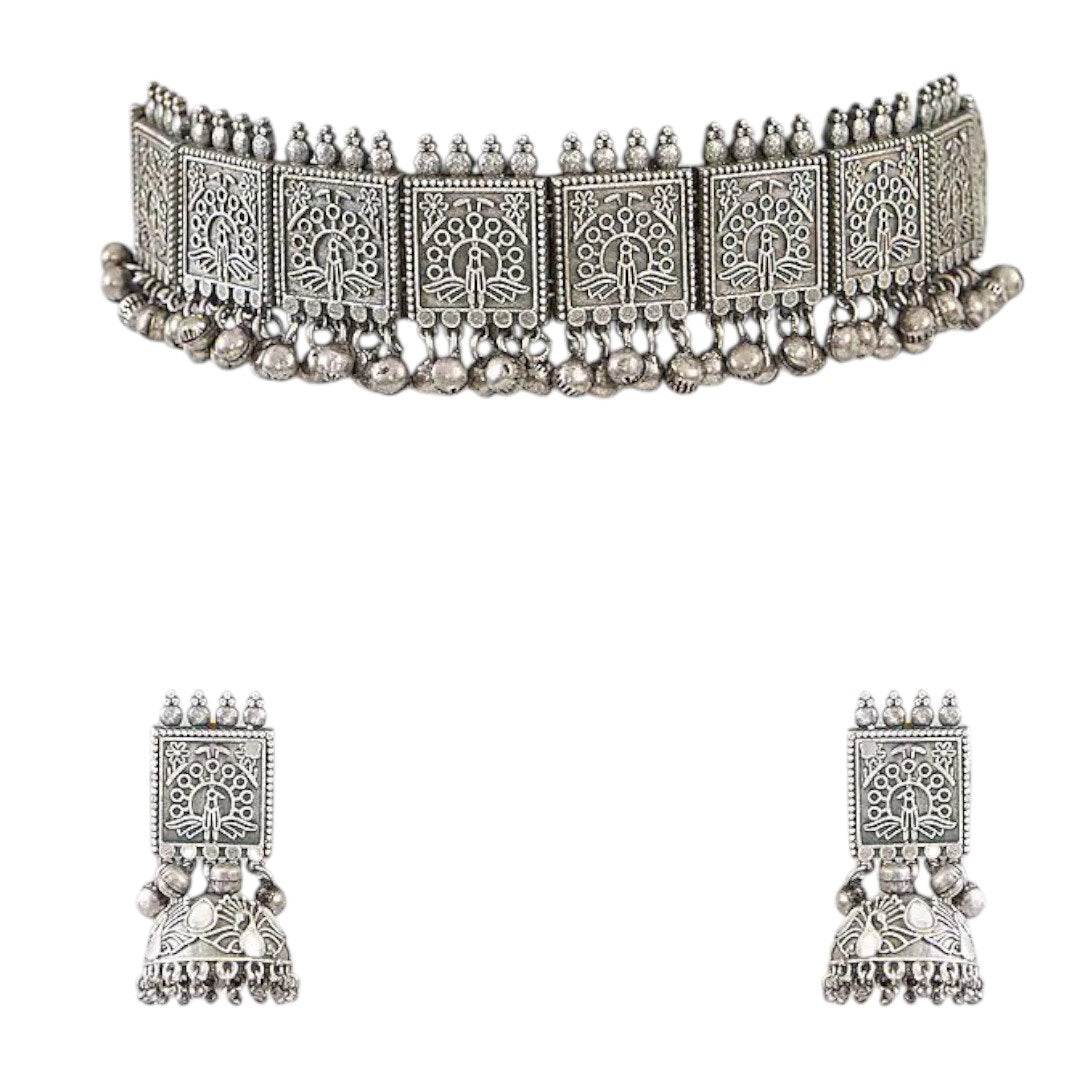 Oxidised Silver-Plated Temple Design Choker Necklace Set with Earrings for Women - Auraa Trends