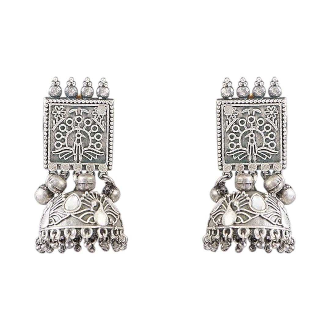 Oxidised Silver - Plated Temple Design Choker Necklace Set with Earrings for Women - Auraa Trends - Necklace Set - - Auraa Trends - "Oxidised silver temple design choker necklace with earrings set for women – ethnic Indian jewelry"