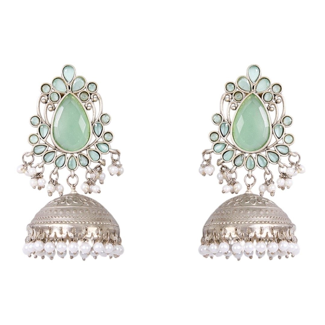 Oxidized Silver Jhumka Earrings with Mint Green Stones & Pearl Drops - Auraa Trends - Earrings - - Auraa Trends - "Oxidized silver jhumka earrings with mint green teardrop stones, floral top design and white pearl bead danglers – traditional ethnic jewelry for women."