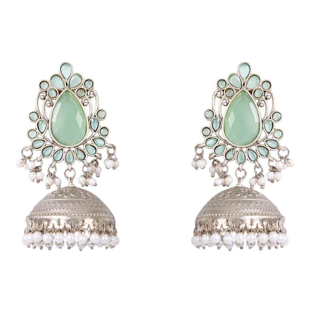 Oxidized Silver Jhumka Earrings with Mint Green Stones & Pearl Drops - Auraa Trends
