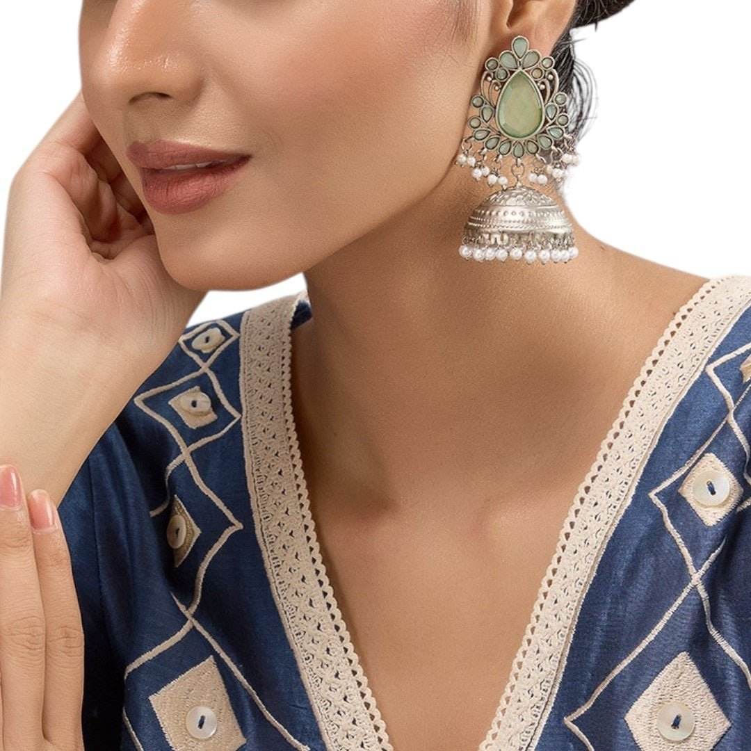 Oxidized Silver Jhumka Earrings with Mint Green Stones & Pearl Drops - Auraa Trends