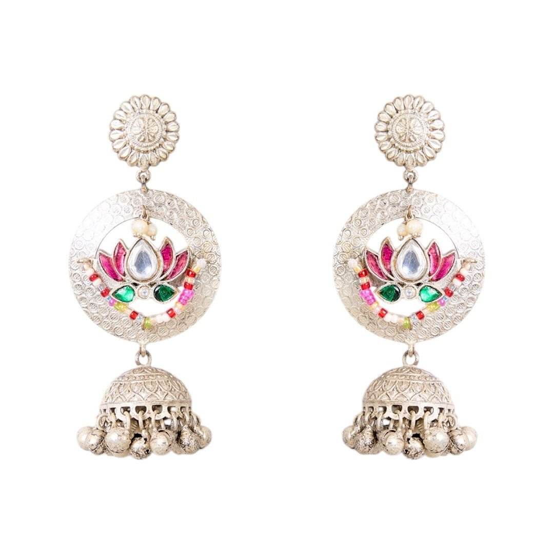 Oxidized Silver Necklace Set with Multicolor Enamel & Lotus Motif Earrings - Auraa Trends