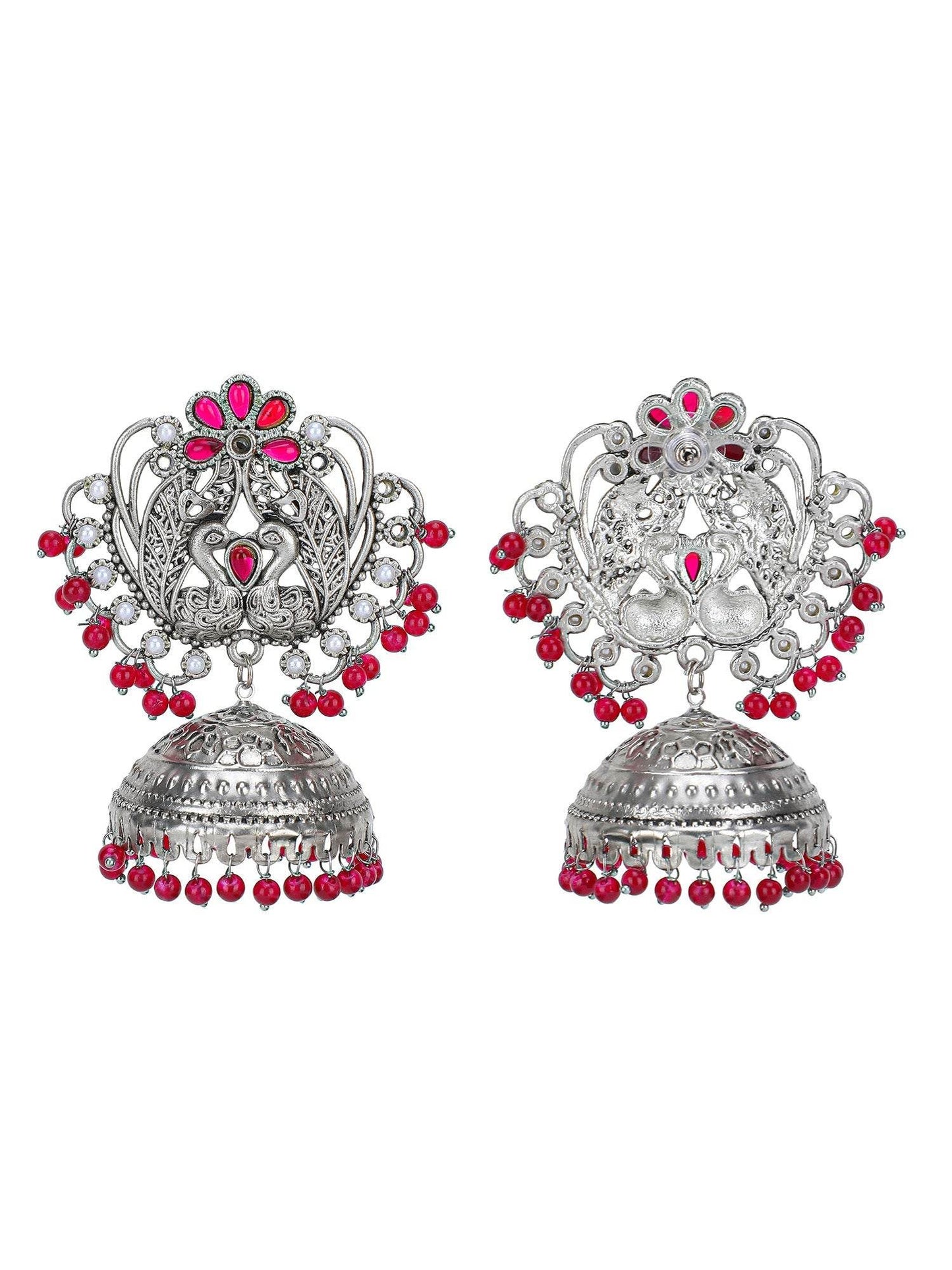 Oxidized Silver Peacock Jhumka Earrings with Ruby Red Beads - Auraa Trends