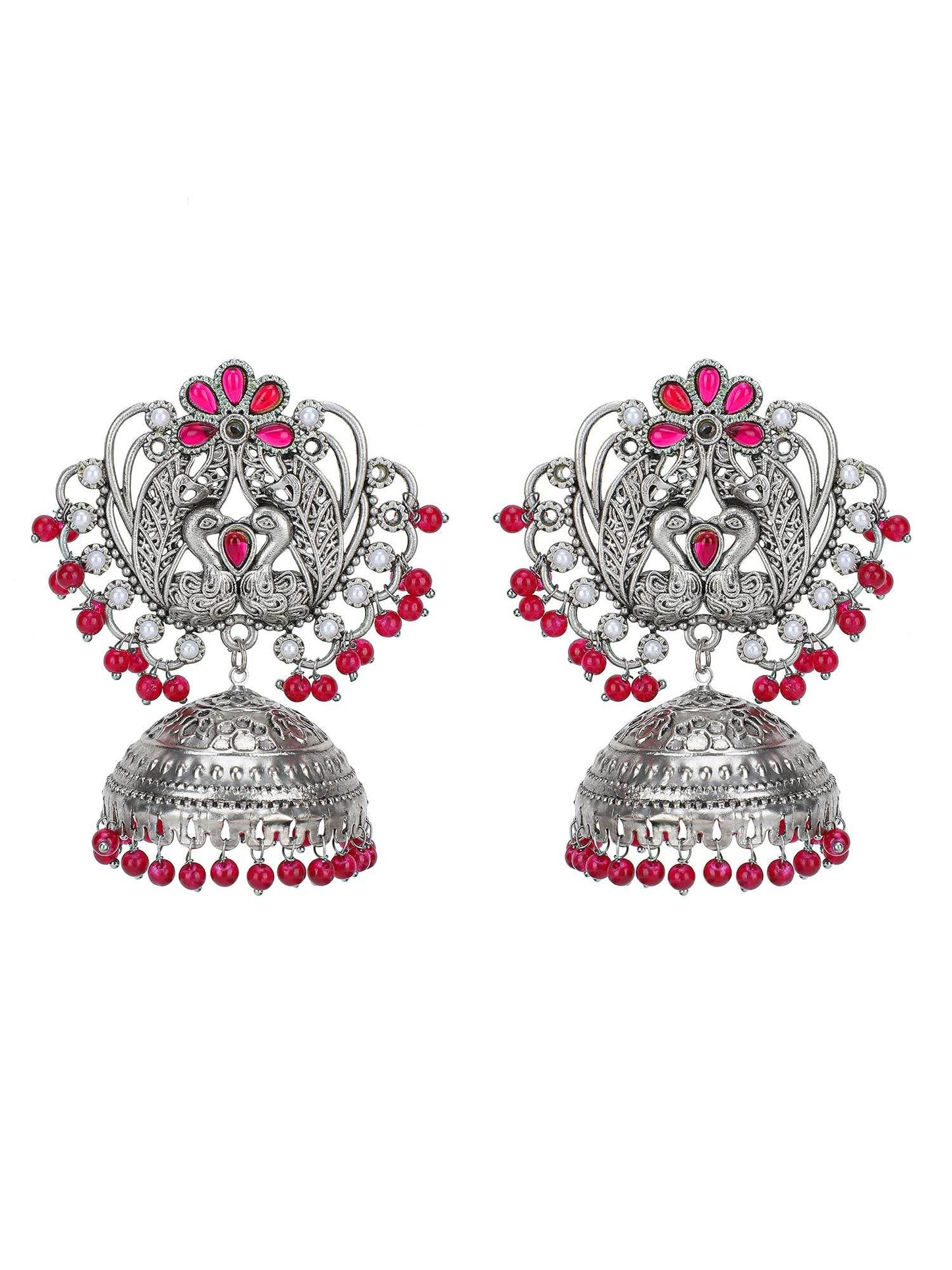 Oxidized Silver Peacock Jhumka Earrings with Ruby Red Beads - Auraa Trends