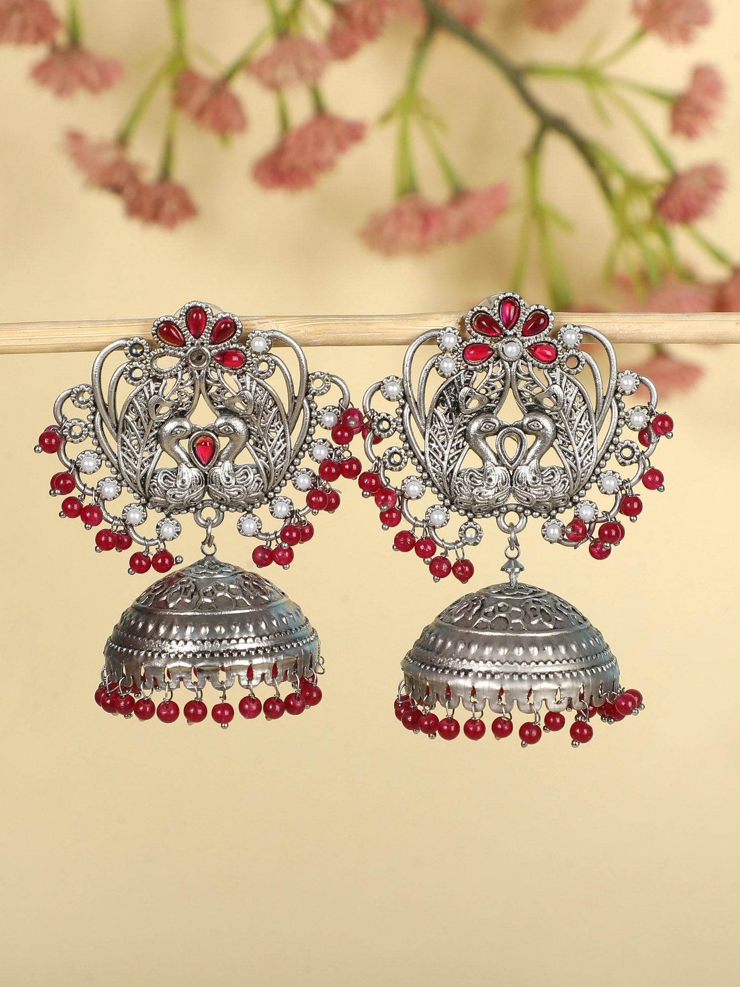 Oxidized Silver Peacock Jhumka Earrings with Ruby Red Beads - Auraa Trends