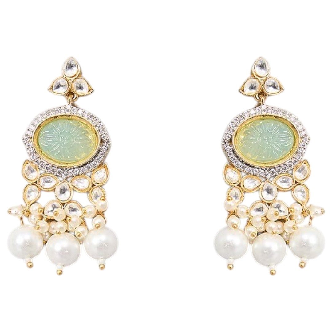 Pastel Green Kundan Pearl Choker Necklace Set with Earrings - Auraa Trends - Necklace Set - - Auraa Trends - "Pastel green kundan choker necklace with pearl detailing and matching earrings – Gold - plated Indian bridal jewelry set for women"