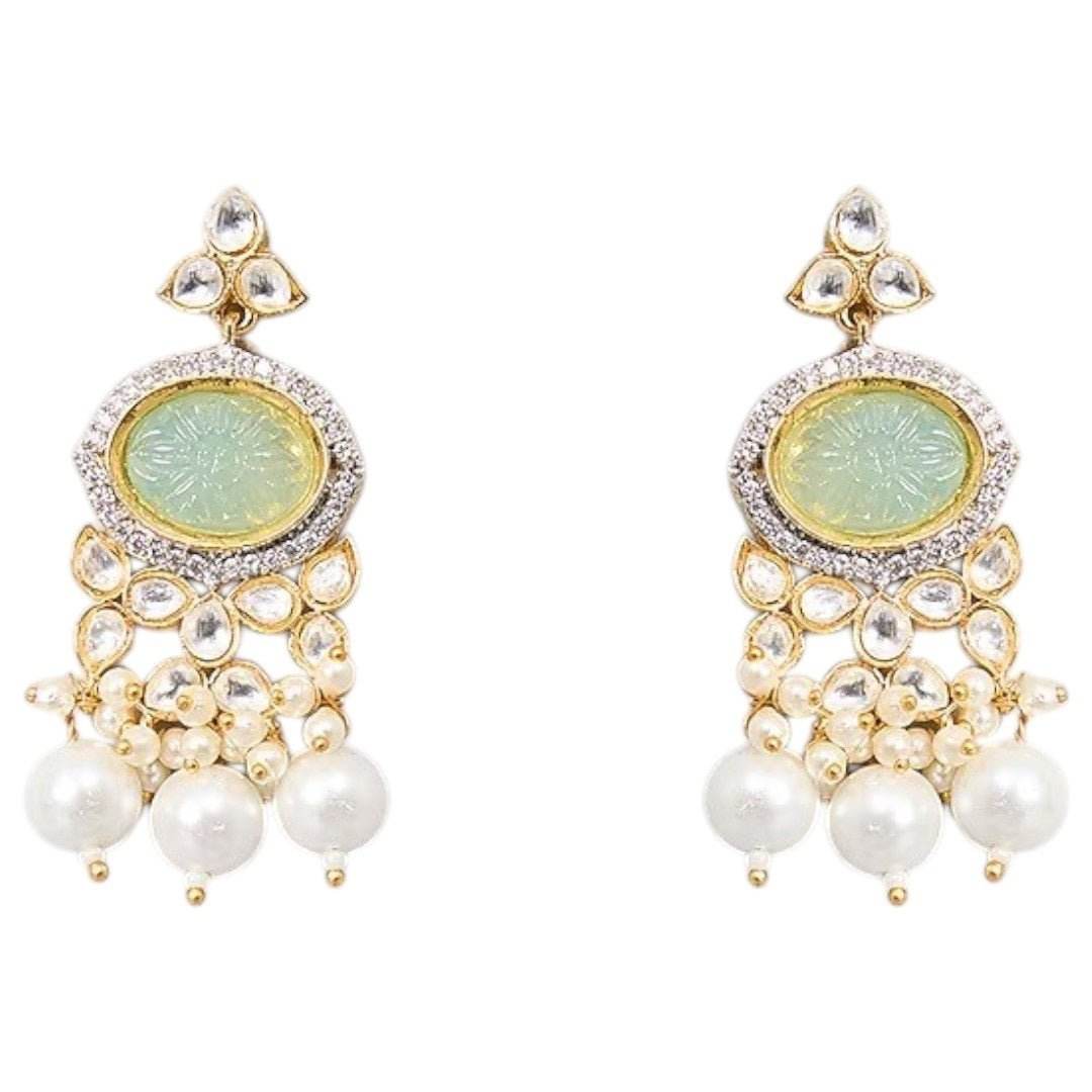 Pastel Green Kundan Pearl Choker Necklace Set with Earrings - Auraa Trends