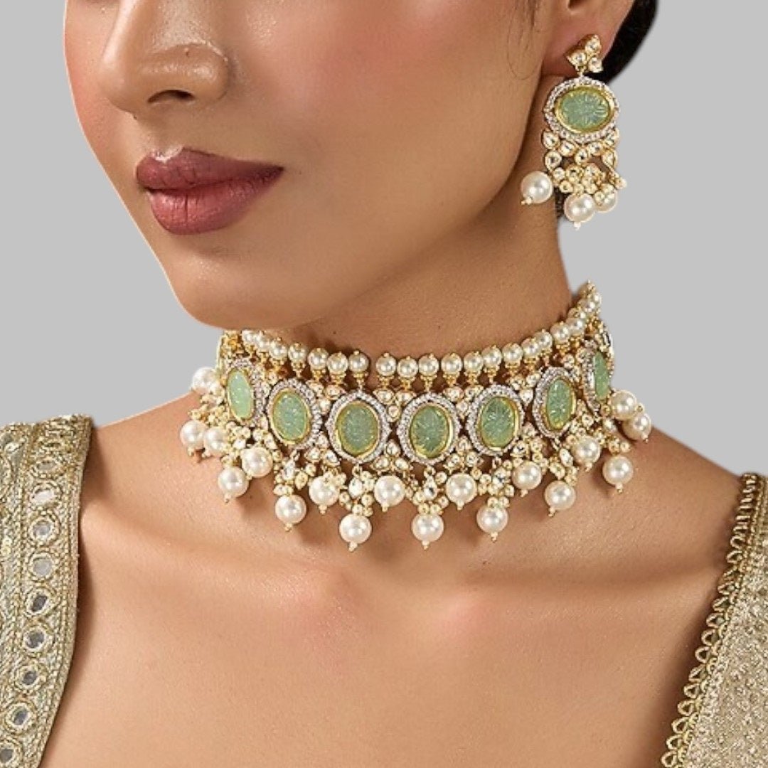 Pastel Green Kundan Pearl Choker Necklace Set with Earrings - Auraa Trends - Necklace Set - - Auraa Trends - "Pastel green kundan choker necklace with pearl detailing and matching earrings – Gold - plated Indian bridal jewelry set for women"