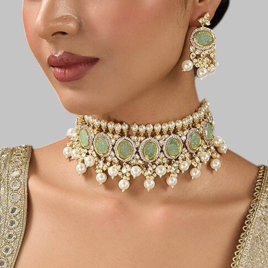 Pastel Green Kundan Pearl Choker Necklace Set with Earrings - Auraa Trends