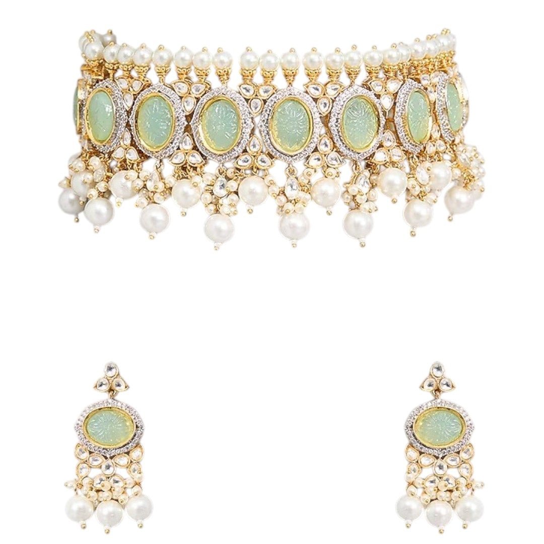 Pastel Green Kundan Pearl Choker Necklace Set with Earrings - Auraa Trends - Necklace Set - - Auraa Trends - "Pastel green kundan choker necklace with pearl detailing and matching earrings – Gold - plated Indian bridal jewelry set for women"
