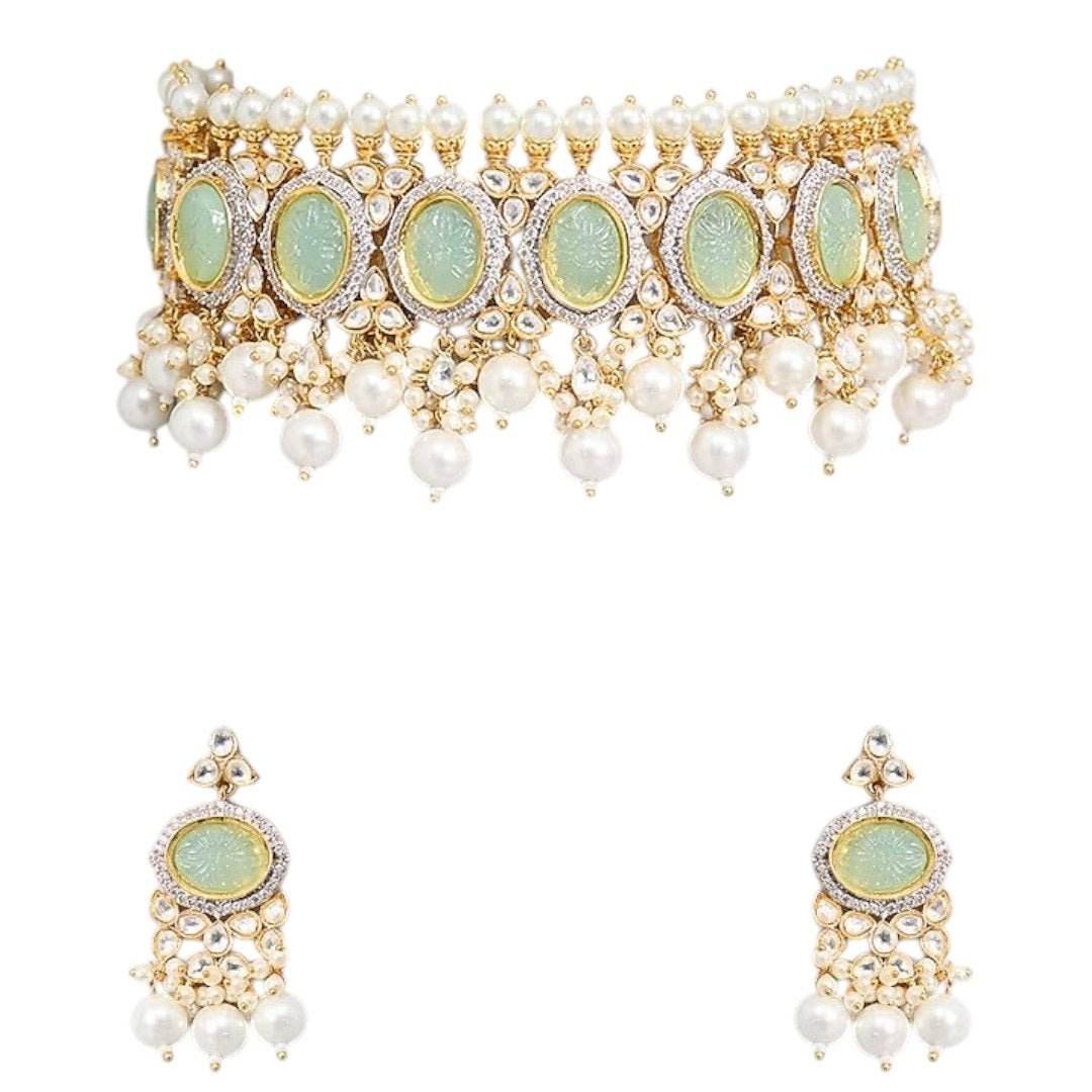 Pastel Green Kundan Pearl Choker Necklace Set with Earrings - Auraa Trends