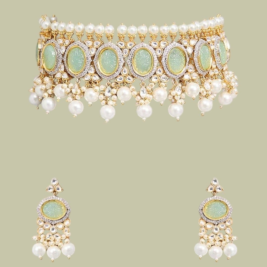 Pastel Green Kundan Pearl Choker Necklace Set with Earrings - Auraa Trends - Necklace Set - - Auraa Trends - "Pastel green kundan choker necklace with pearl detailing and matching earrings – Gold - plated Indian bridal jewelry set for women"