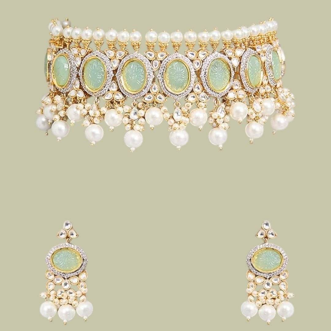 Pastel Green Kundan Pearl Choker Necklace Set with Earrings - Auraa Trends