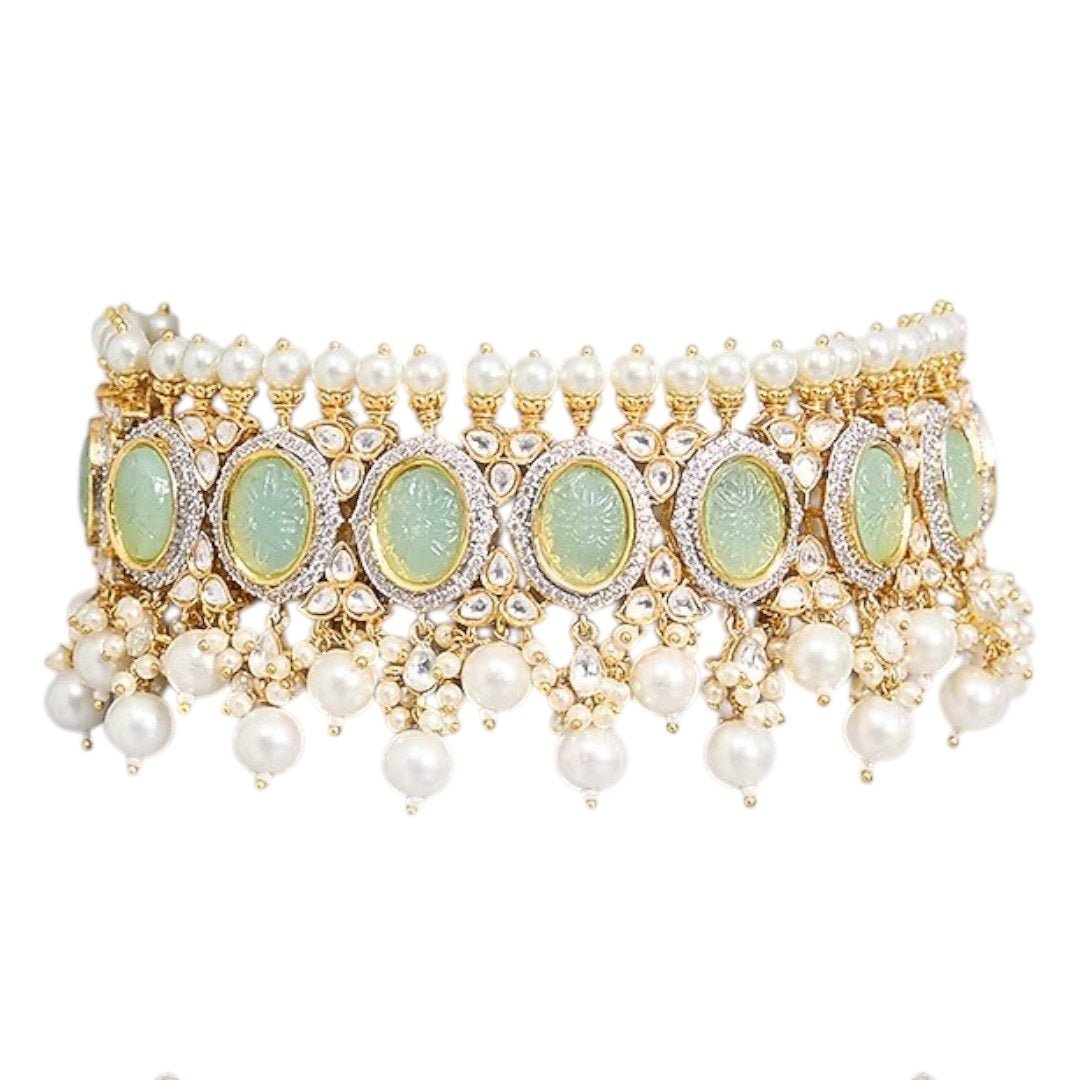 Pastel Green Kundan Pearl Choker Necklace Set with Earrings - Auraa Trends - Necklace Set - - Auraa Trends - "Pastel green kundan choker necklace with pearl detailing and matching earrings – Gold - plated Indian bridal jewelry set for women"