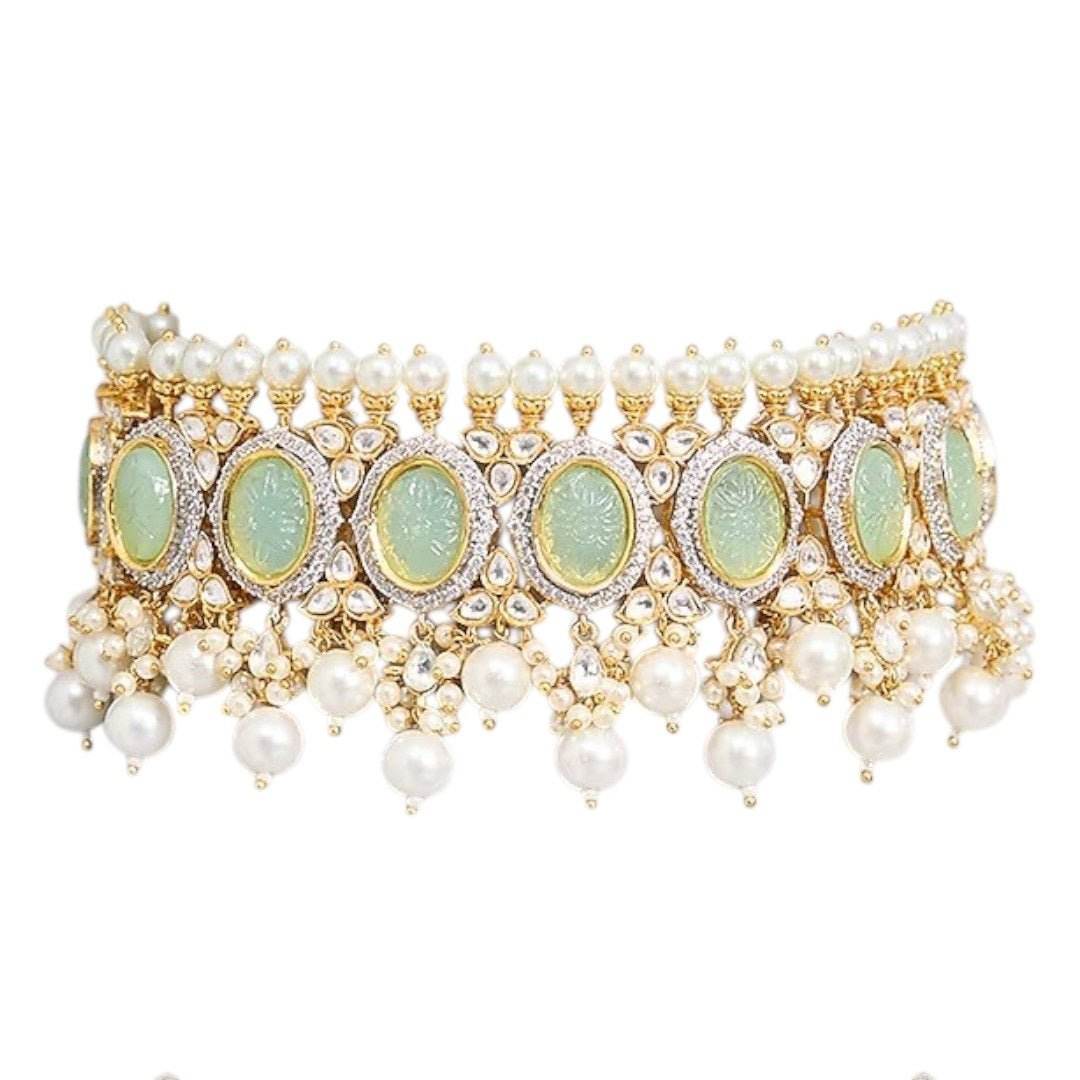 Pastel Green Kundan Pearl Choker Necklace Set with Earrings - Auraa Trends