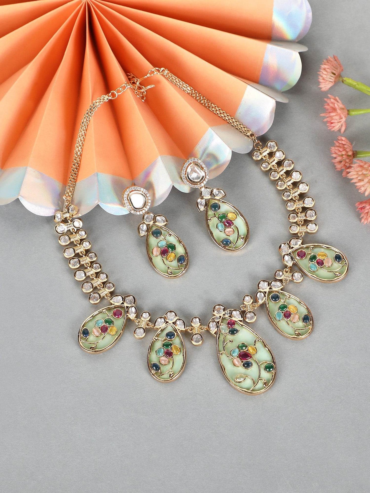 Pastel Meenakari Pendant Necklace Set with Crystal Accents - Auraa Trends