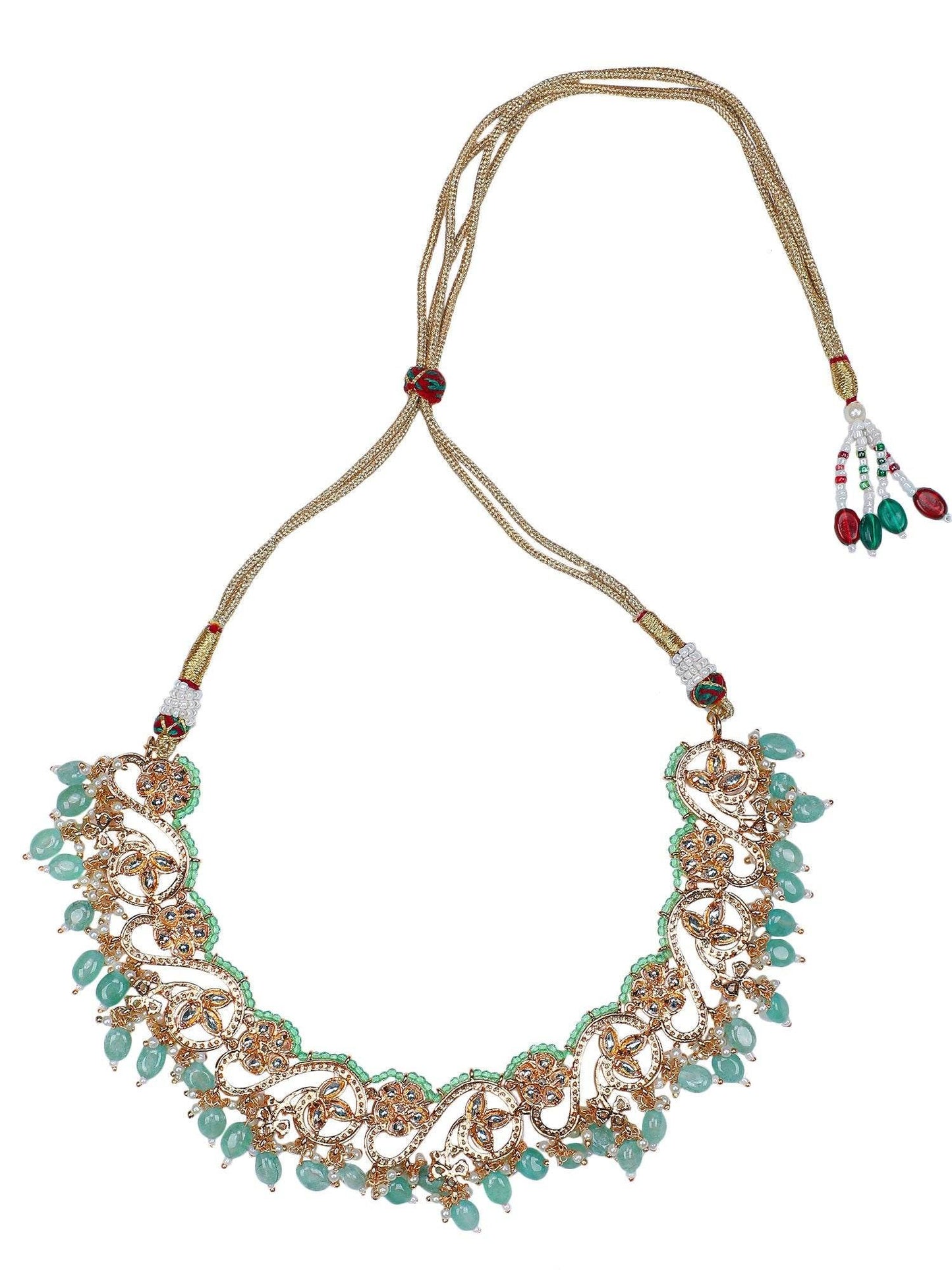 Peacock Pattern Kundan Bridal Necklace Set with Green Beads and Maang Tikka - Auraa Trends